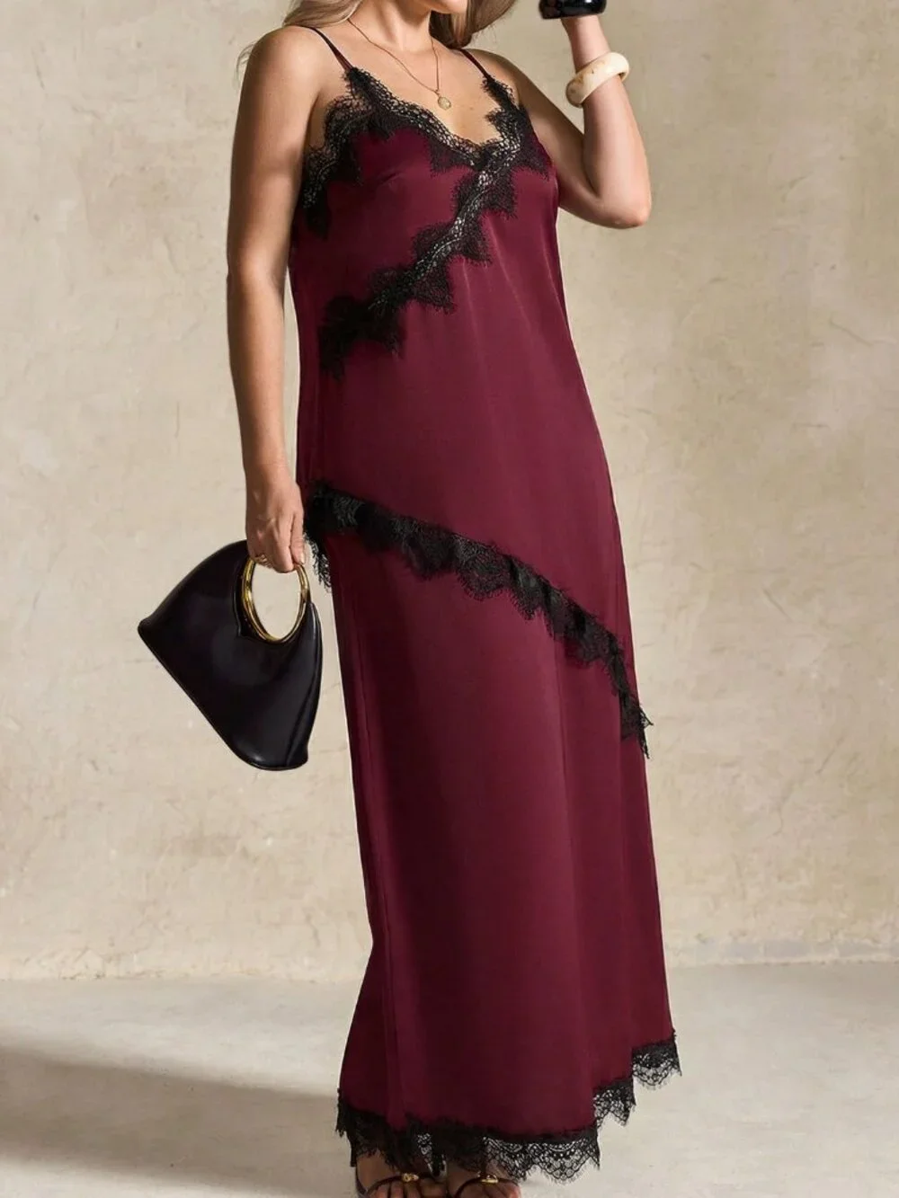 Burgundy Casual Women's Contrast Lace Ruffle Spaghetti Strap Midi Skirt Set